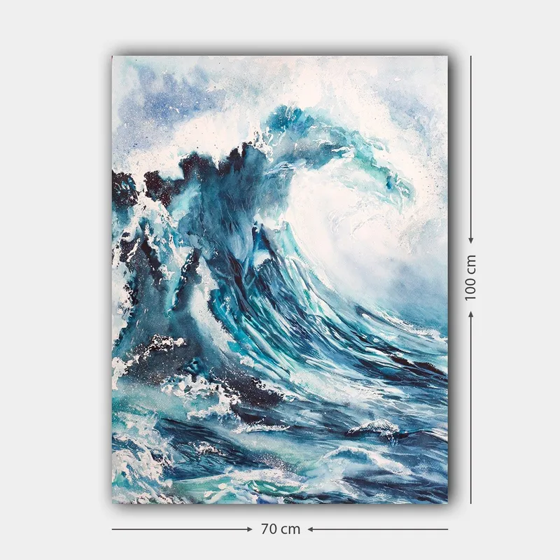 Lerretsbilde 70x100 cm - Kraftig bølge som bryter mot kysten - Mørk blå / Turkis / Hvit - Innredning - Bilder & kunst - Lerretsbilder