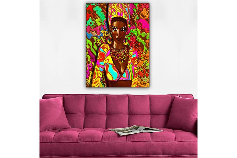 Lerretsbilde 70x100 cm - Kraftig kvinne i fargerike klær med et uttrykksfullt ansikt og smykker - Grønn / Rosa / Oransje - Innredning - Bilder & kunst - Lerretsbilder