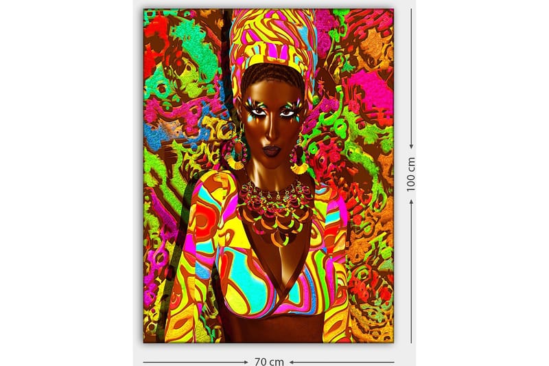 Lerretsbilde 70x100 cm - Kraftig kvinne i fargerike klær med et uttrykksfullt ansikt og smykker - Grønn / Rosa / Oransje - Innredning - Bilder & kunst - Lerretsbilder