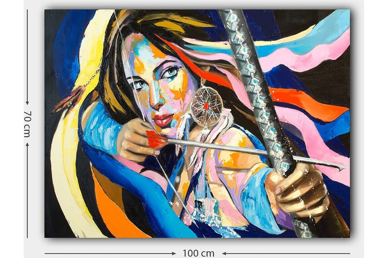 Lerretsbilde 70x100 cm - Kraftig kvinne som setter en sløyfe, omgitt av fargerike bånd - Blå / Rød / Gul - Innredning - Bilder & kunst - Lerretsbilder