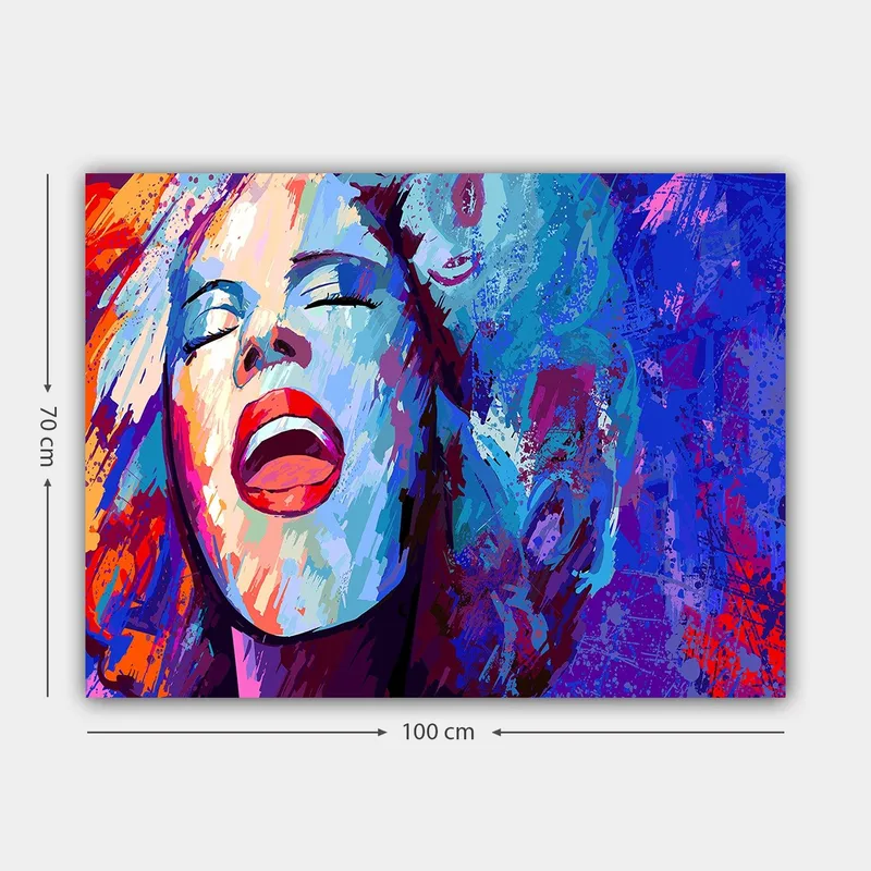 Lerretsbilde 70x100 cm - Kraftig kvinne som synger med uttrykksfulle ansiktstrekk - Blå / Rød / Hvit - Innredning - Bilder & kunst - Lerretsbilder