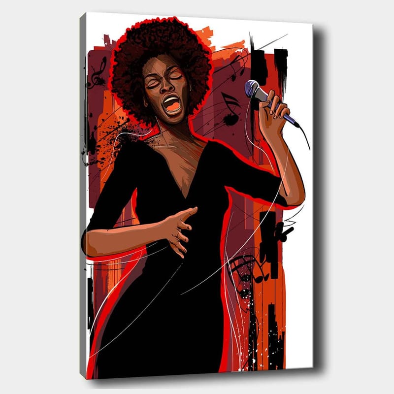 Lerretsbilde 70x100 cm - Kraftig sanger som uttrykker følelser gjennom musikken sin, Rød / Svart / Brun