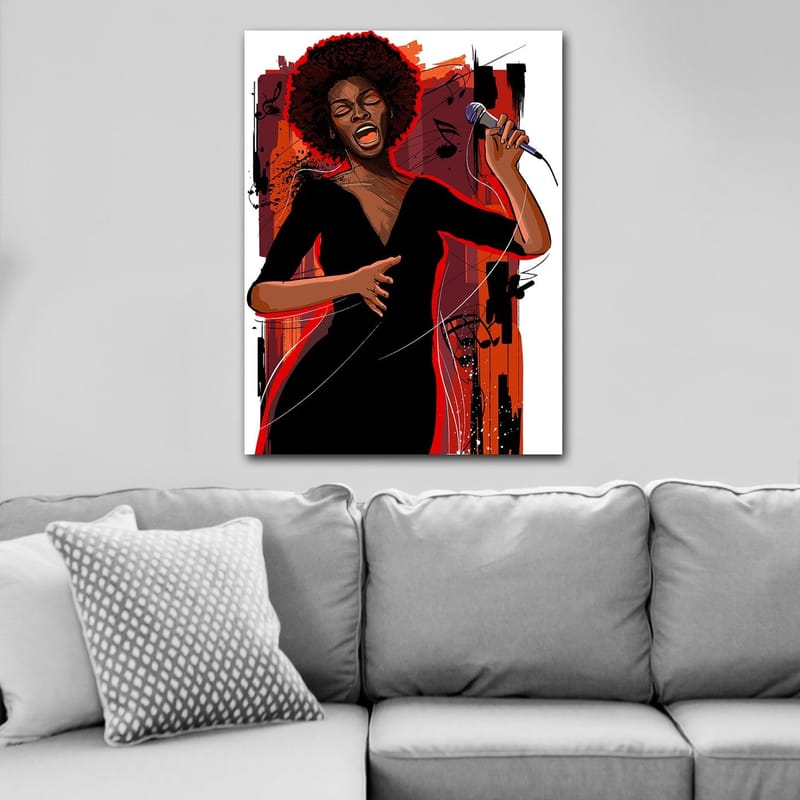 Lerretsbilde 70x100 cm - Kraftig sanger som uttrykker følelser gjennom musikken sin - Rød / Svart / Brun - Innredning - Bilder & kunst - Lerretsbilder
