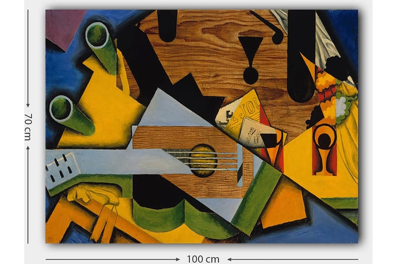 Lerretsbilde 70x100 cm - Kubistisk komposisjon med gitar og diverse geometriske former - Grønn / Gul / Blå - Innredning - Bilder & kunst - Lerretsbilder