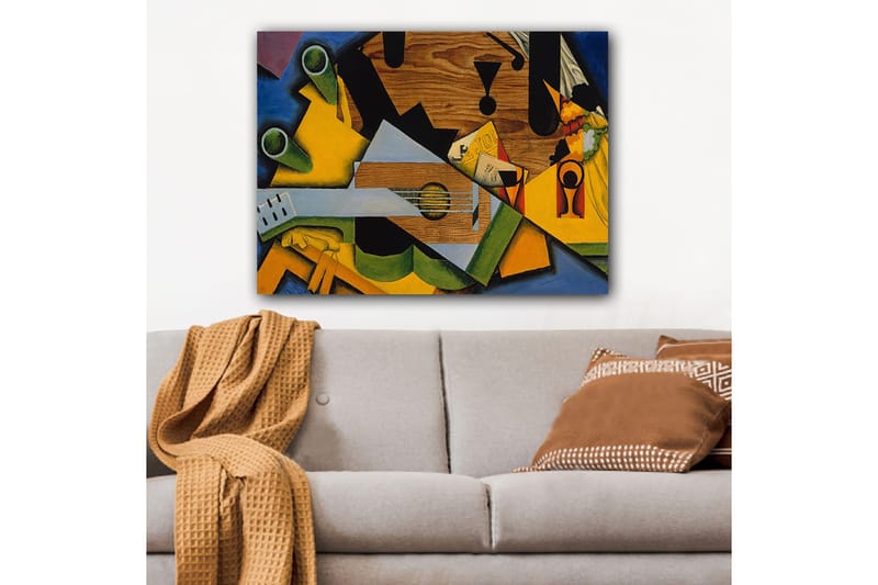 Lerretsbilde 70x100 cm - Kubistisk komposisjon med gitar og diverse geometriske former - Grønn / Gul / Blå - Innredning - Bilder & kunst - Lerretsbilder