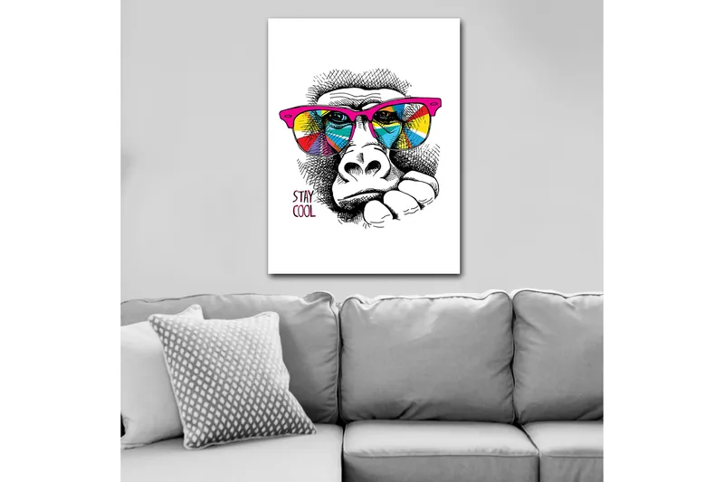 Lerretsbilde 70x100 cm - Kul gorilla med fargerike solbriller som uttrykker en avslappet holdning - Rosa / Gul / Blå - Innredning - Bilder & kunst - Lerretsbilder