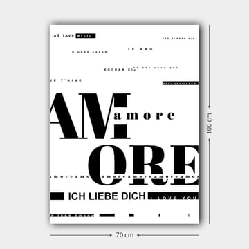 Lerretsbilde 70x100 cm - Kunstverket fokuserer på ordet AMORE i forskjellige skrifttyper og språk, og uttrykker kjærlighetens mangfold - Svart / Hvit - Innredning - Bilder & kunst - Lerretsbilder