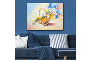 Lerretsbilde 70x100 cm - Kurv fylt med fargerike blomster - Blå / Hvit / Gul - Innredning - Bilder & kunst - Lerretsbilder