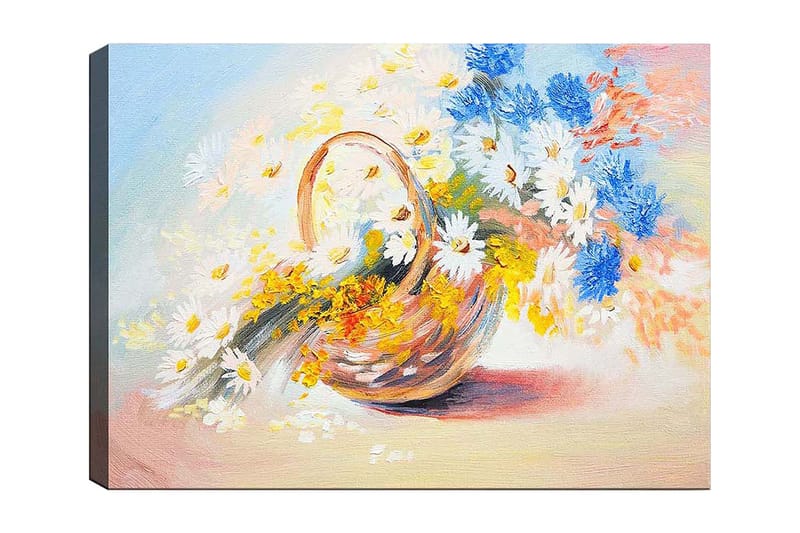 Lerretsbilde 70x100 cm - Kurv fylt med fargerike blomster - Blå / Hvit / Gul - Innredning - Bilder & kunst - Lerretsbilder