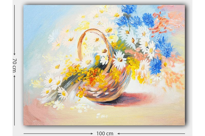 Lerretsbilde 70x100 cm - Kurv fylt med fargerike blomster - Blå / Hvit / Gul - Innredning - Bilder & kunst - Lerretsbilder