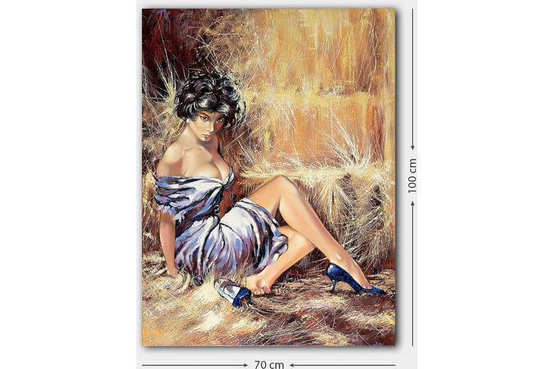 Lerretsbilde 70x100 cm - Kvinne i elegant kjole som sitter avslappet med et selvsikkert utseende - Hvit / Brun / Blå - Innredning - Bilder & kunst - Lerretsbilder