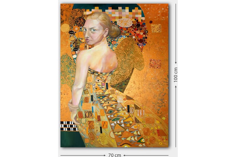 Lerretsbilde 70x100 cm - Kvinne i en elegant kjole med intrikate mønstre, som snur seg rundt med et uttrykksfullt blikk - Gull / Oransje / Beige - Innredning - Bilder & kunst - Lerretsbilder