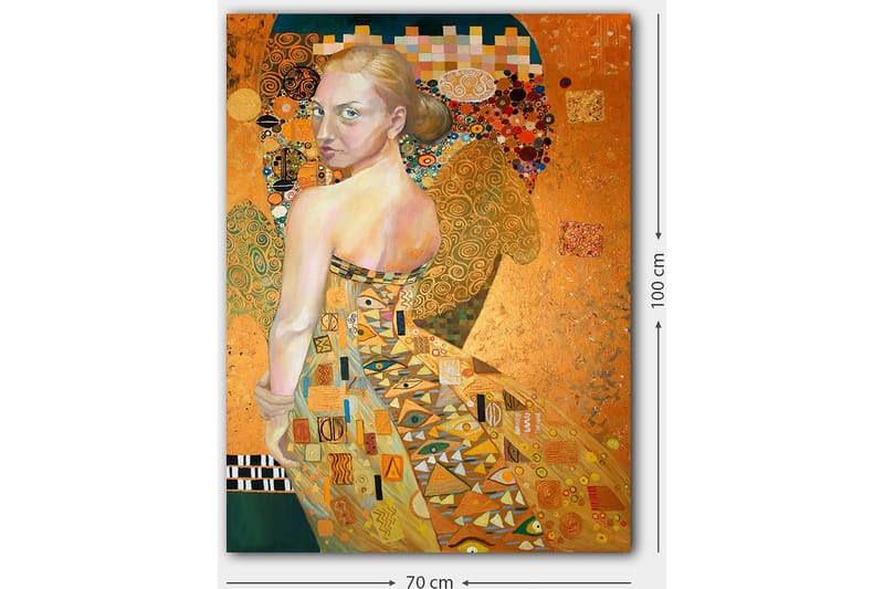 Lerretsbilde 70x100 cm - Kvinne i en elegant kjole med intrikate mønstre, som snur seg rundt med et uttrykksfullt blikk - Gull / Oransje / Beige - Innredning - Bilder & kunst - Lerretsbilder
