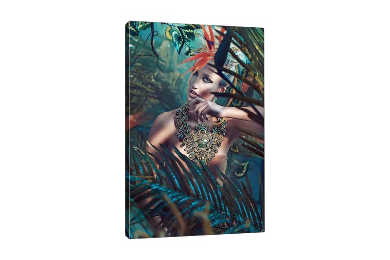 Lerretsbilde 70x100 cm - Kvinne i et tett, frodig miljø med en intrikat smykkedetalj som fanger blikket, Mørkegrønn / Turkis / Beige
