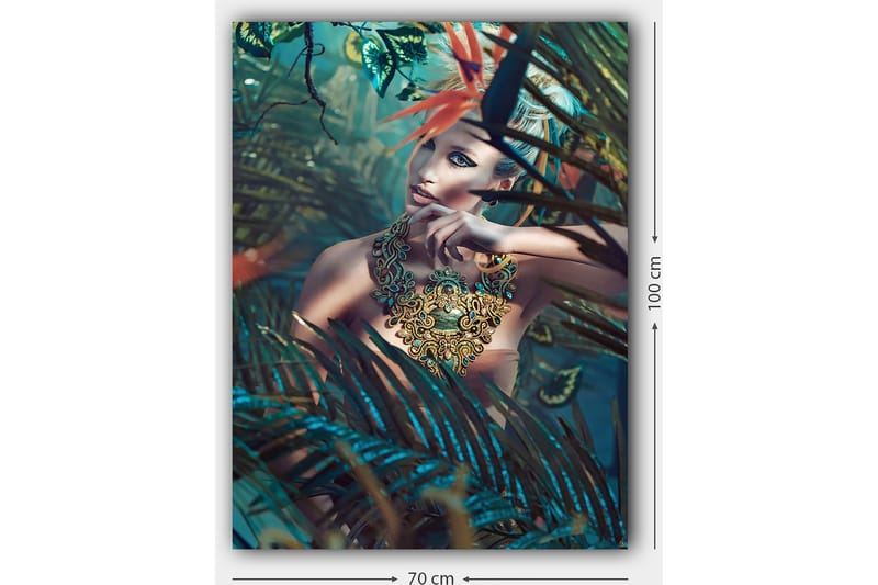 Lerretsbilde 70x100 cm - Kvinne i et tett, frodig miljø med en intrikat smykkedetalj som fanger blikket - Mørkegrønn / Turkis / Beige - Innredning - Bilder & kunst - Lerretsbilder