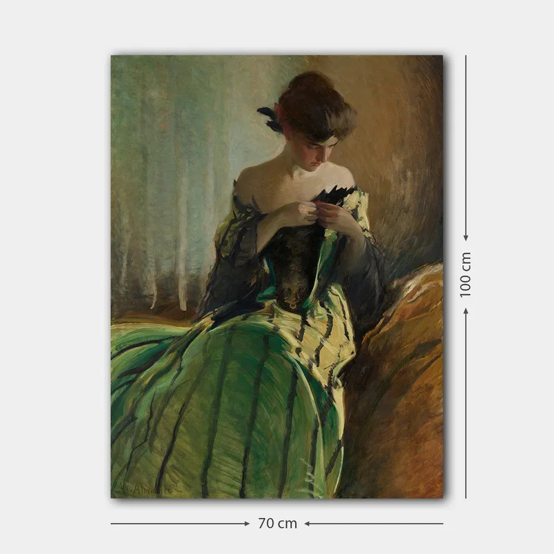 Lerretsbilde 70x100 cm - Kvinne i grønn kjole sitter og arbeider med noe i hendene, dypt fordypet i tanker - Grønn / Svart / Beige - Innredning - Bilder & kunst - Lerretsbilder