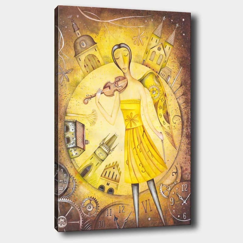 Lerretsbilde 70x100 cm - Kvinne i gul kjole som spiller fiolin, omgitt av klokker og bygninger - Gul / Brun - Innredning - Bilder & kunst - Lerretsbilder