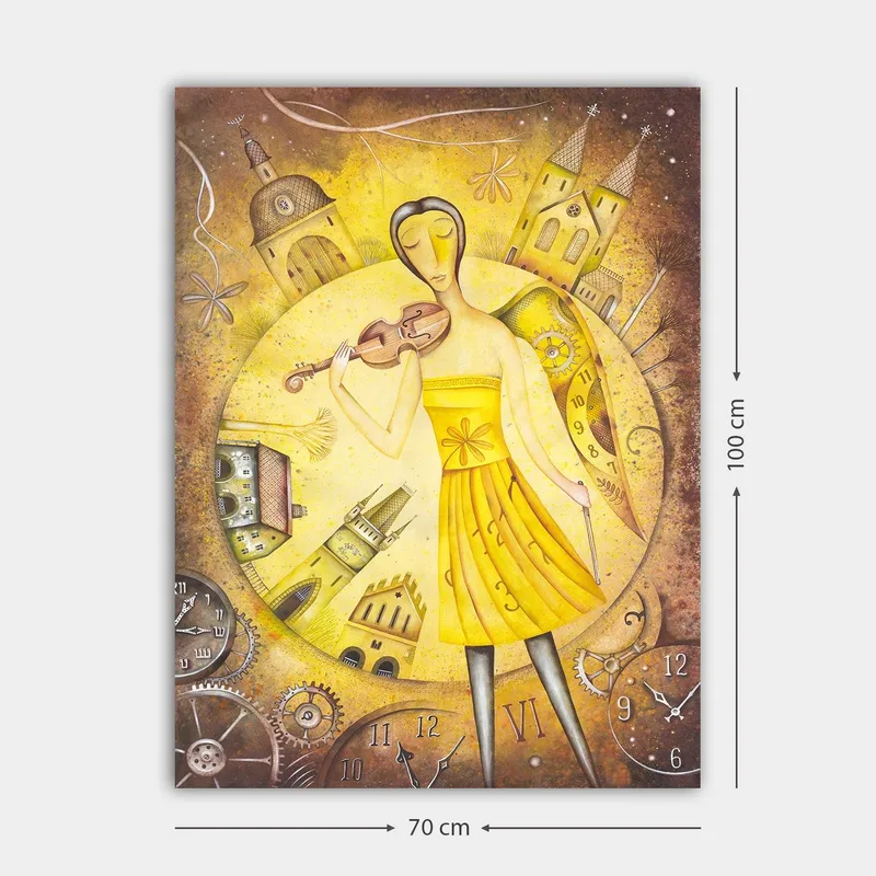 Lerretsbilde 70x100 cm - Kvinne i gul kjole som spiller fiolin, omgitt av klokker og bygninger - Gul / Brun - Innredning - Bilder & kunst - Lerretsbilder