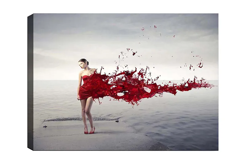 Lerretsbilde 70x100 cm - Kvinne i rød kjole som ser ut til å slippe løs en malingssprutende bevegelse - Rød / Beige - Innredning - Bilder & kunst - Lerretsbilder