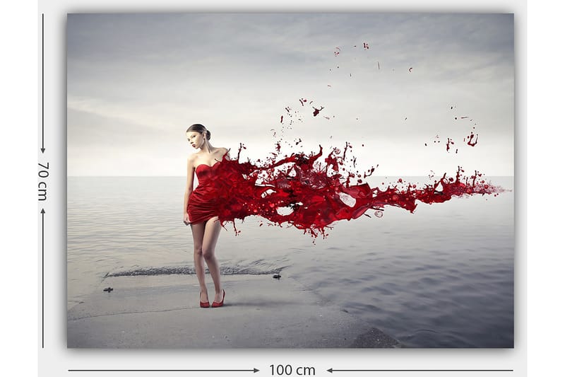 Lerretsbilde 70x100 cm - Kvinne i rød kjole som ser ut til å slippe løs en malingssprutende bevegelse - Rød / Beige - Innredning - Bilder & kunst - Lerretsbilder