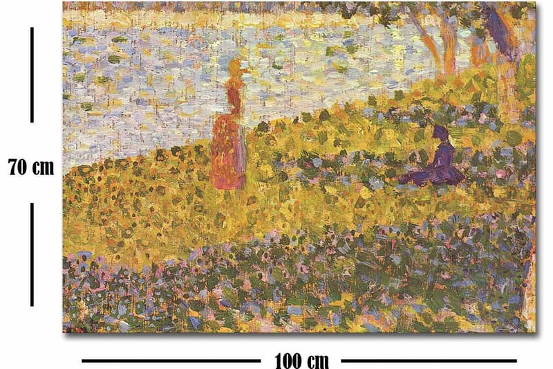 Lerretsbilde 70x100 cm - Kvinne i rød kjole som står på en blomstrende eng ved en innsjø - Gul / Lilla / Grønn - Innredning - Bilder & kunst - Lerretsbilder