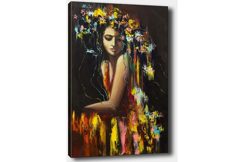Lerretsbilde 70x100 cm - Kvinne med blomster i håret, utstråler en følelse av mystikk og skjønnhet - Mørk rød / Gul / Grønn - Innredning - Bilder & kunst - Lerretsbilder
