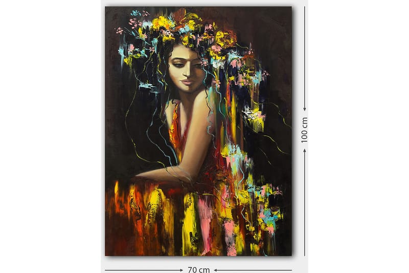 Lerretsbilde 70x100 cm - Kvinne med blomster i håret, utstråler en følelse av mystikk og skjønnhet - Mørk rød / Gul / Grønn - Innredning - Bilder & kunst - Lerretsbilder