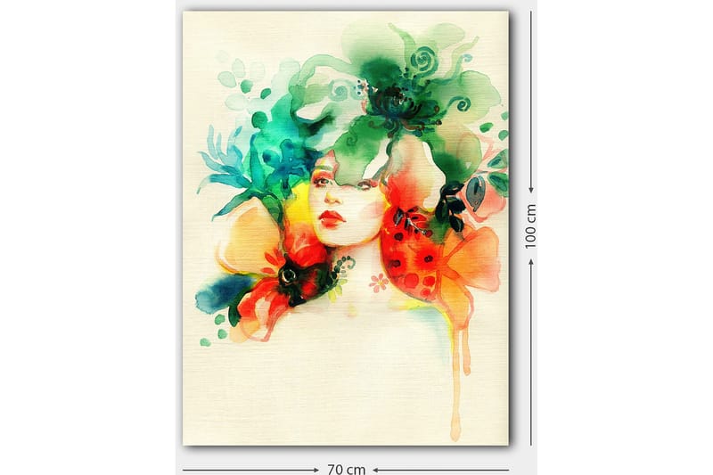 Lerretsbilde 70x100 cm - Kvinne med blomster og planter rundt hodet - Grønn / Oransje / Rød - Innredning - Bilder & kunst - Lerretsbilder
