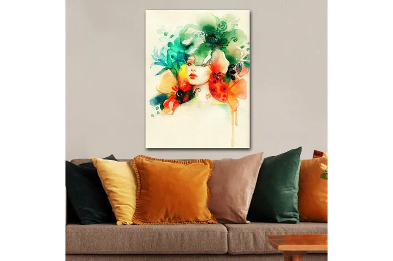 Lerretsbilde 70x100 cm - Kvinne med blomster og planter rundt hodet - Grønn / Oransje / Rød - Innredning - Bilder & kunst - Lerretsbilder