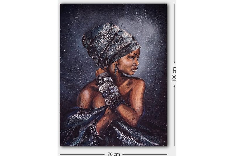 Lerretsbilde 70x100 cm - Kvinne med elegant hodeplagg og smykker, avbildet i profil - Mørk brun / Svart / Grå - Innredning - Bilder & kunst - Lerretsbilder