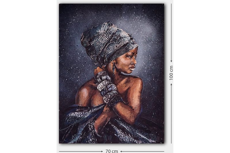 Lerretsbilde 70x100 cm - Kvinne med elegant hodeplagg og smykker, avbildet i profil - Mørk brun / Svart / Grå - Innredning - Bilder & kunst - Lerretsbilder
