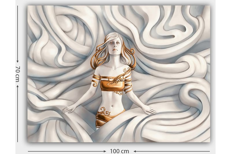 Lerretsbilde 70x100 cm - Kvinne med et drømmende uttrykk omgitt av svaiende, myke former - Hvit / Gull / Beige - Innredning - Bilder & kunst - Lerretsbilder
