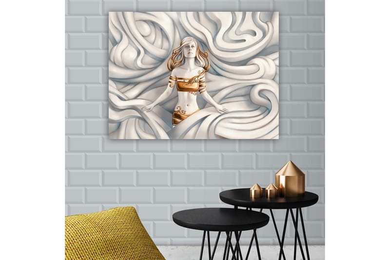 Lerretsbilde 70x100 cm - Kvinne med et drømmende uttrykk omgitt av svaiende, myke former - Hvit / Gull / Beige - Innredning - Bilder & kunst - Lerretsbilder