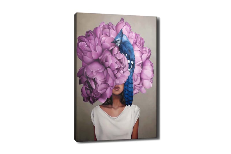 Lerretsbilde 70x100 cm - Kvinne med et hode av store, lilla blomster og en blå fugl som sitter på blomstene - Lilla / Blå - Innredning - Bilder & kunst - Lerretsbilder