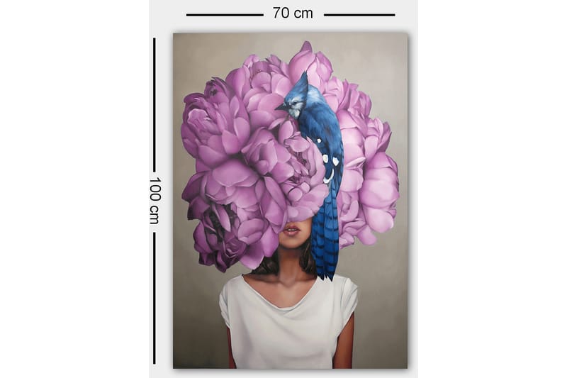 Lerretsbilde 70x100 cm - Kvinne med et hode av store, lilla blomster og en blå fugl som sitter på blomstene - Lilla / Blå - Innredning - Bilder & kunst - Lerretsbilder