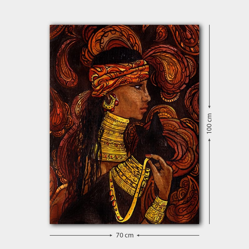 Lerretsbilde 70x100 cm - Kvinne med et svart dyr, omgitt av svingende mønstre i varme farger - Rød / Oransje / Svart - Innredning - Bilder & kunst - Lerretsbilder