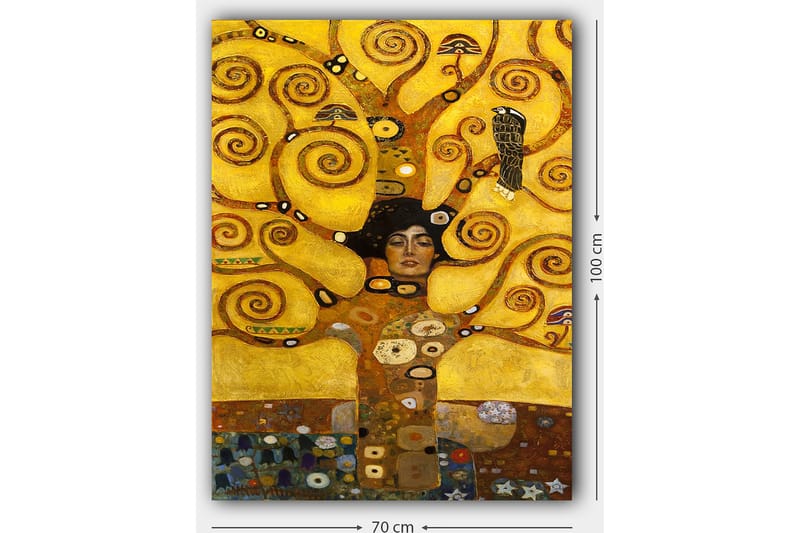 Lerretsbilde 70x100 cm - Kvinne med lukkede øyne omgitt av spinnende, gylne grener og symbolske elementer - Gull / Brun / Svart - Innredning - Bilder & kunst - Lerretsbilder