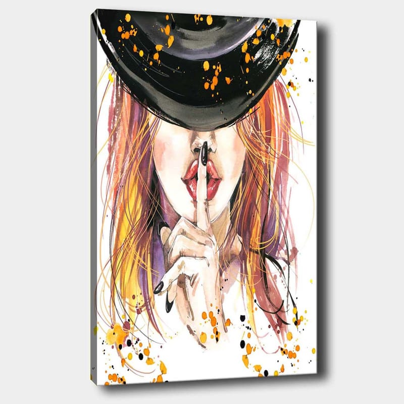 Lerretsbilde 70x100 cm - Kvinne med rødlig hår som holder en finger mot leppene i en stillhetsgest, Rød / Svart / Oransje