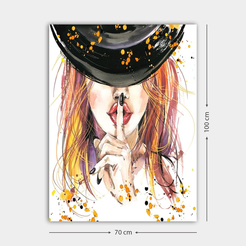 Lerretsbilde 70x100 cm - Kvinne med rødlig hår som holder en finger mot leppene i en stillhetsgest - Rød / Svart / Oransje - Innredning - Bilder & kunst - Lerretsbilder