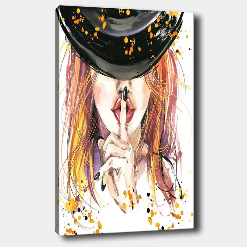Lerretsbilde 70x100 cm - Kvinne med rødlig hår som holder en finger mot leppene i en stillhetsgest, Rød / Svart / Oransje
