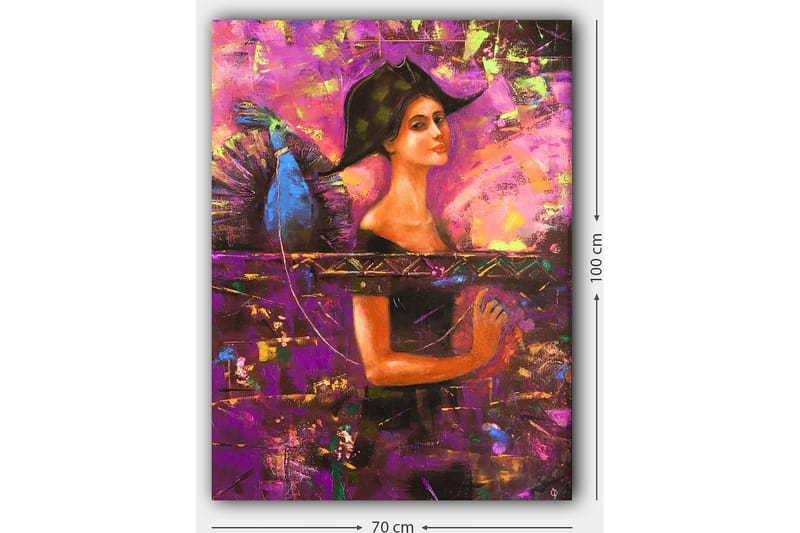 Lerretsbilde 70x100 cm - Kvinne med stor hatt og vinger, som uttrykker en følelse av mystikk og styrke - Lilla / Blå / Oransje - Innredning - Bilder & kunst - Lerretsbilder