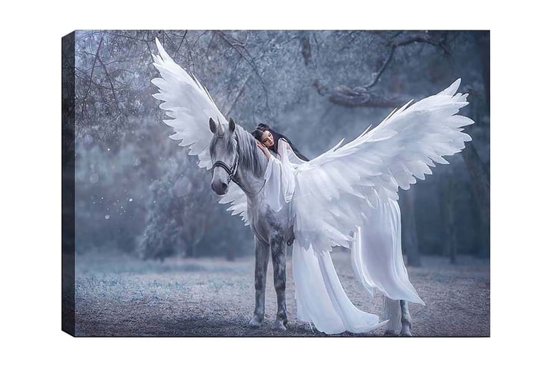 Lerretsbilde 70x100 cm - Kvinne med vinger som omfavner en grå hest med store hvite vinger, Hvit / Grå / Lys blå