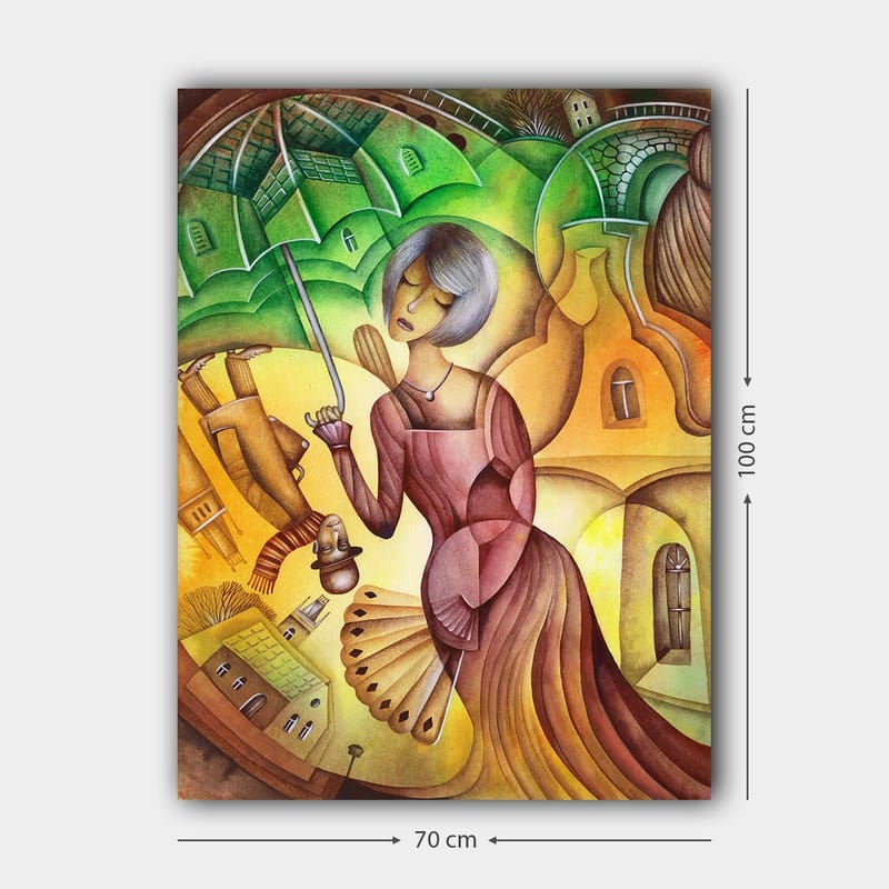 Lerretsbilde 70x100 cm - Kvinne med paraply i et fargerikt og stilisert landskapsmiljø - Grønn / Gul / Brun - Innredning - Bilder & kunst - Lerretsbilder