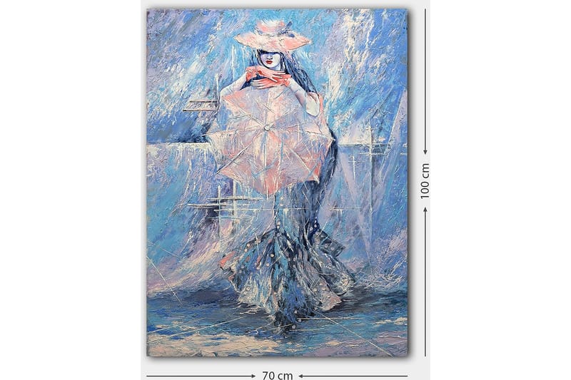 Lerretsbilde 70x100 cm - Kvinne med parasoll kledd i en elegant kjole, omgitt av en drømmende, blåaktig bakgrunn - Blå / Rosa / Hvit - Innredning - Bilder & kunst - Lerretsbilder