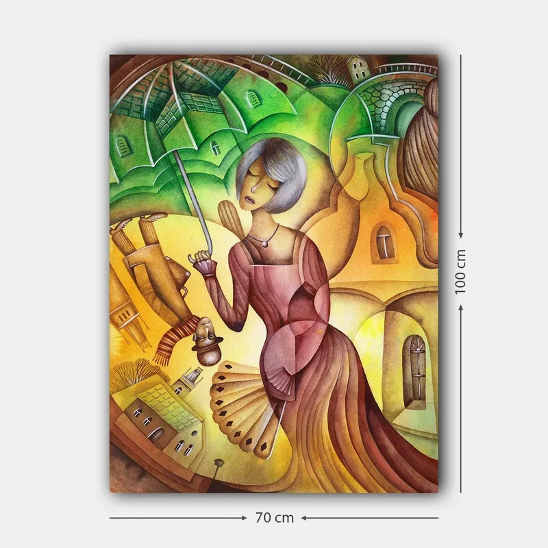Lerretsbilde 70x100 cm - Kvinne med paraply i et fargerikt og stilisert landskapsmiljø - Grønn / Gul / Brun - Innredning - Bilder & kunst - Lerretsbilder