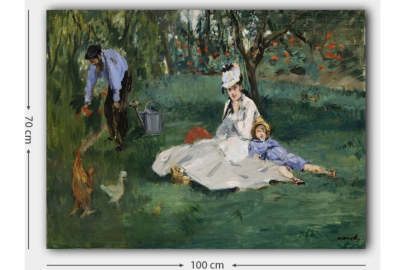 Lerretsbilde 70x100 cm - Kvinne og barn sitter på gresset mens en mann vanner blomster i en hage - Grønn / Blå / Hvit - Innredning - Bilder & kunst - Lerretsbilder