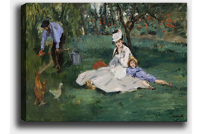 Lerretsbilde 70x100 cm - Kvinne og barn sitter på gresset mens en mann vanner blomster i en hage - Grønn / Blå / Hvit - Innredning - Bilder & kunst - Lerretsbilder
