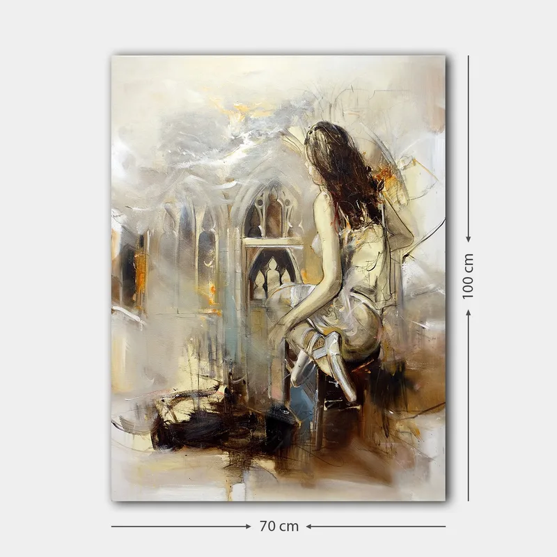 Lerretsbilde 70x100 cm - Kvinne sitter på en benk og ser ut mot gotisk arkitektur - Beige / Brun / Gull - Innredning - Bilder & kunst - Lerretsbilder