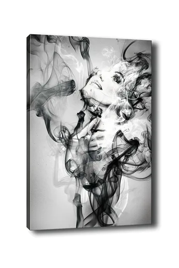 Lerretsbilde 70x100 cm - Kvinne som kommer ut av svevende røykformasjoner - Svart / Grå / Hvit - Innredning - Bilder & kunst - Lerretsbilder