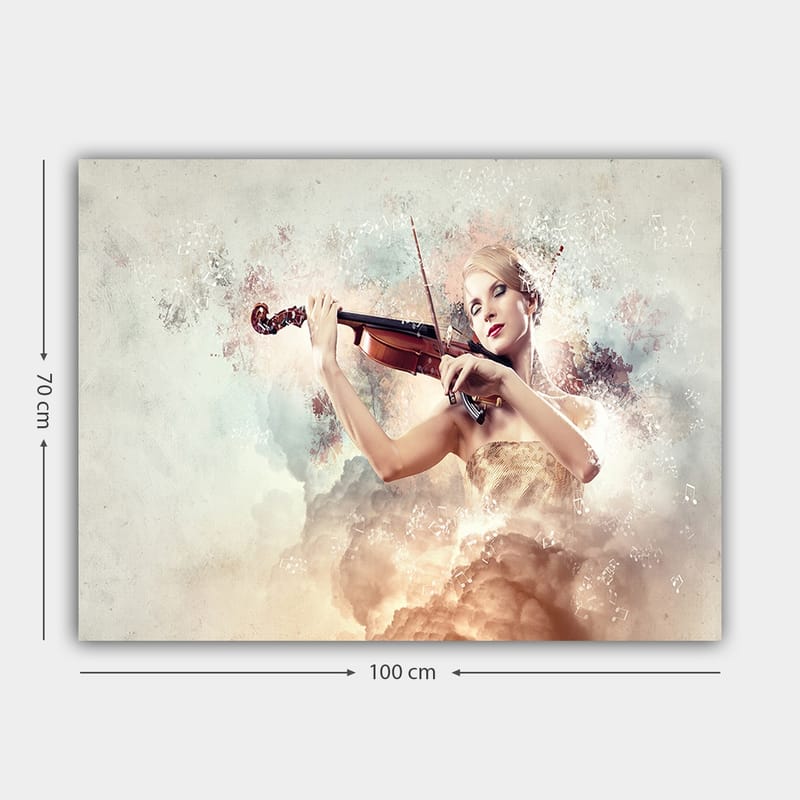 Lerretsbilde 70x100 cm - Kvinne som spiller fiolin omgitt av drømmeaktige skyer og noter - Lys beige / Lys blå / Rosa - Innredning - Bilder & kunst - Lerretsbilder
